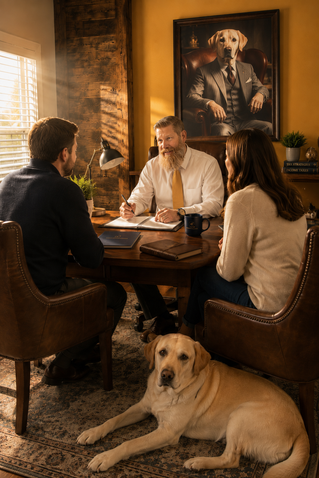 A couple meeting with their accountant to review tax paperwork, with a Labrador resting nearby